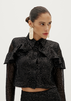 CAMISA CROPPED MANGA LONGA PAETÊS AMARANTE - Preto, G