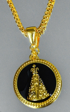 Colar Semijoia, Pingente Em Resina Branca ou Preto e Nossa Senhora Aparecida