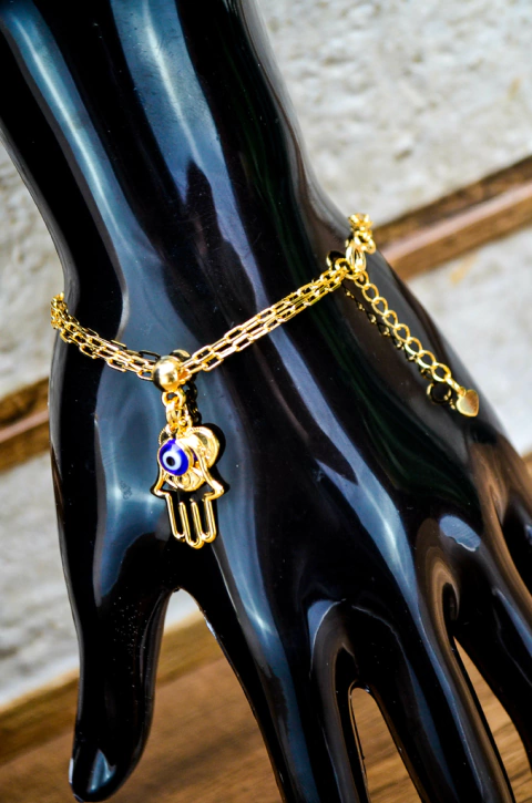 Pulseira Semijoia Pingentes Hamsá e Olho Grego