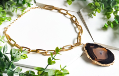 Choker Corrente com Pingente Pedra Natural Chapa Ágata Marrom