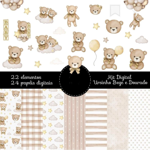 Kit Digital | Ursinho Bege com Dourado - comprar online