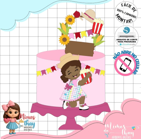 Arquivo de Corte: Topo de Bolo Junino Bebê Cacheada com Pipoca - comprar online