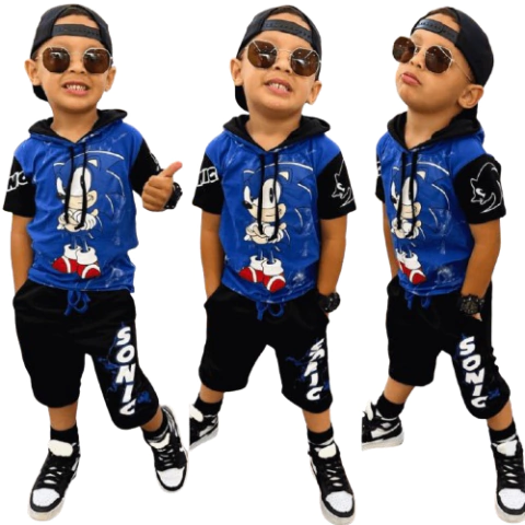 Conjunto Temático Personagem Sonic Camiseta Com Capuz e Bermuda - 2 a 10 anos