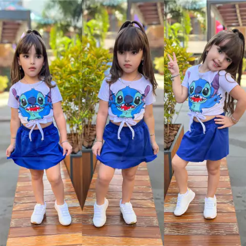 Conjunto Feminino Stitch Camiseta e Saia - 2 ao 12 Anos