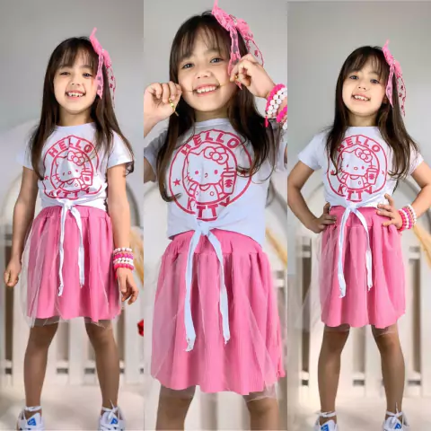 Conjunto Feminino Camiseta e Saia Hello Kitty - 4 ao 12 Anos