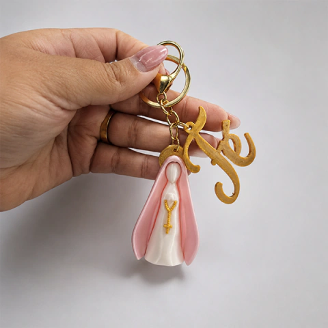 Chaveiro Nossa Senhora Manto Cor de Rosa + Pingente Fé - Argola Dourada Mosquetão