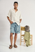 Bermuda jean mom Lennon Orso Bianco, celeste, denim rígido, tajo lateral, roturas, piludos en ruedo, talles S al XXL