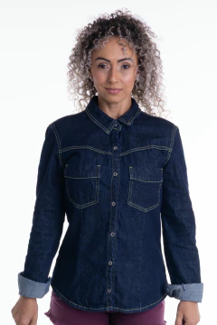 Camisa Tradicional Jeans Juno Com Pesponto Amarelo Ca30031