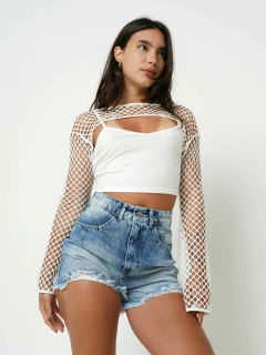 Blusa Cropped Manga Sino Tela Off Bl08146