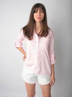 Camisa Bata Listrada Rosa com Branco CA00001