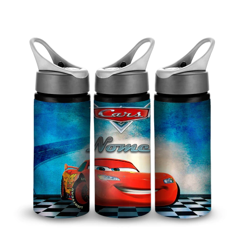 Garrafinha Carros de Bico e Canudo Personalizada Nome 600mL