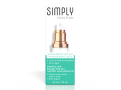 Simply Solution · Sunscreen SPF 50+ + Ácido Hialurónico · Anti-edad