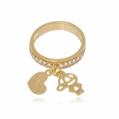 ANEL COM CORAÇÃO ESCRITO E BONECO VAZADO - AL 43 BANHADO OURO 18K
