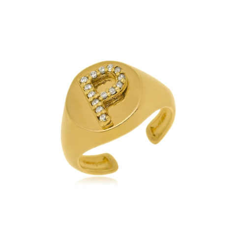 ANEL COM INICIAL EM ZIRCONIA - AL 86 BANHADO OURO 18K