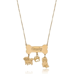 COLAR OSSO COM NOME PERSONALIZADO E PINGENTES PET - CL133 BANHADO OURO 18K