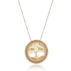 COLAR ARVORE DA VIDA COM ZIRCONIA E PLAQUINHAS COM NOMES - CL 182 OURO 18K