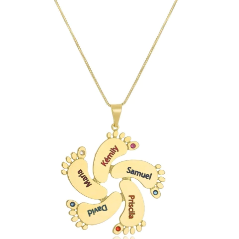 COLAR CINCO PEZINHOS COM NOME E ZIRCONIA - CL 589 BANHADO OURO 18K