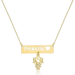 COLAR PLACA COM NOME VAZADO E PINGENTE FILHO - CL 622 BANHADO OURO 18K