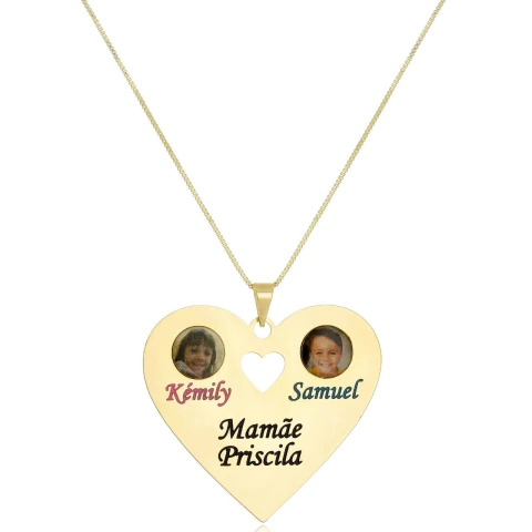 COLAR CORAÇÃO COM FOTO DOS FILHOS NOME E NOME DA MAMÃE - CL 674 BANHADO OURO 18K