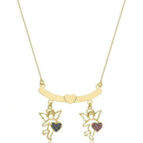 COLAR CANGA ANJO COM CORAÇÃO COLORIDO - CL 687 BANHADO OURO 18K