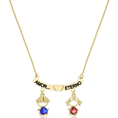 COLAR CANGA AMOR ETERNO COM CORAÇÃO NO MEIO E PINGENTE FILHOS COLORIDO - CL 688 BANHADO OURO 18K
