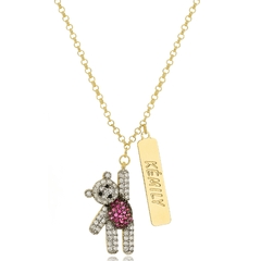COLAR URSINHO COM ZIRCONIA ROSA E NOME NA PLACA - CL 691 BANHADO OURO 18K