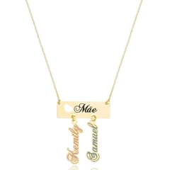 COLAR PLACA CORAÇÃO VAZADO MÃE E NOME DOS FILHOS PERSONALIZADOS PENDURADO - CL 720 BANHADO OURO 18K
