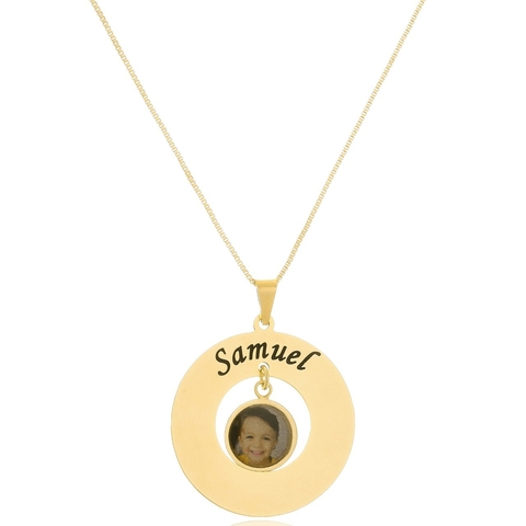 COLAR REDONDO COM PINGENTE FOTOCOLORIDA E NOME PERSONALIZADO - CL 780 BANHADO OURO 18K