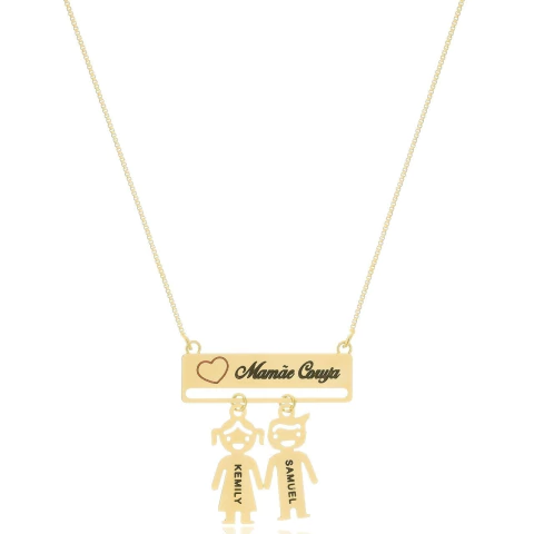 COLAR PLACA MAMAE CORUJA BONECOS COM NOME - CL 783 BANHADO OURO 18K