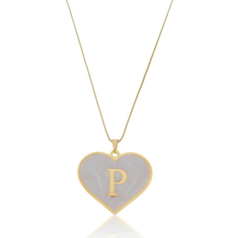 CORAÇÃO MADREPEROLA COM INICIAL - CL 825 BANHADO OURO 18K