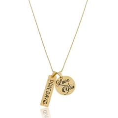 COLAR PLACA COM NOME PERSONALIZADO E MEDALHA I LOVE YOU - CL 834 BANHADO OURO 18K