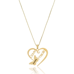 COLAR CORAÇÃO E NOME PERSONALIZADO COM BORBOLETA COM DATA - CL 841 BANHADO OURO 18K