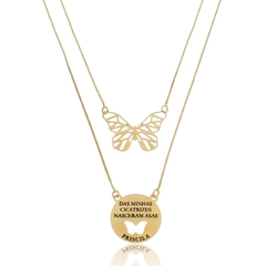 COLAR COM BORBOLETA VAZADA E MEDALHA COM FRASE - CL 842 BANHADO OURO 18K