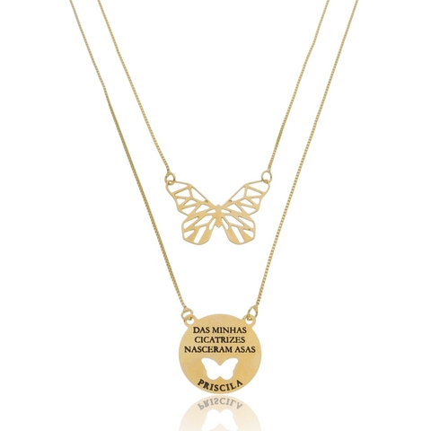 COLAR COM BORBOLETA VAZADA E MEDALHA COM FRASE - CL 842 BANHADO OURO 18K