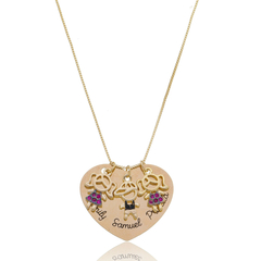COLAR CORAÇÃO COM NOME E 3 BONECOS DE ZIRCONIA COLORIDA - BANHADO OURO 18K EX 0014