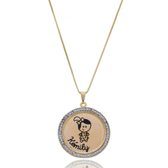 COLAR REDONDO COM NOME E ARO DE ZIRCONIA CRISTAL E BONECO - BANHADO OURO 18K EX 0047