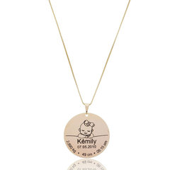 COLAR REDONDO BEBE E DADOS DE NASCIMENTO - BANHADO OURO 18K EX 0052