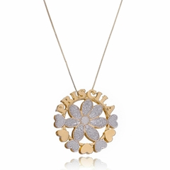 MANDALA FLOR COM DETALHE EM RÓDIO E NOME PERSONALIZADO - MD 24 BANHADO OURO 18K