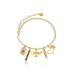 PULSEIRA AJUSTÁVEL + 5 BERLOQUES TRABALHADOS PROFISSÕES - BANHADO OURO 18K PL 128