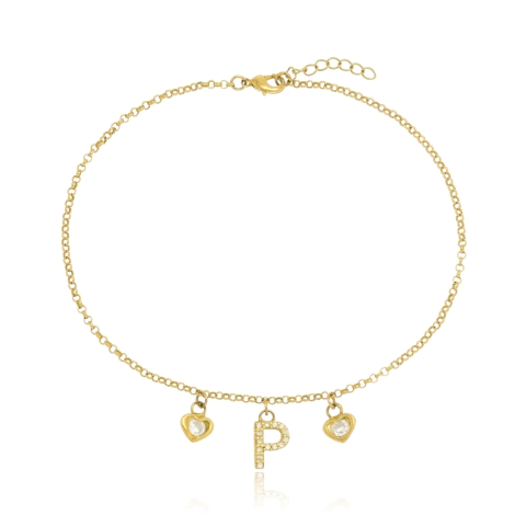 PULSEIRA COM CORAÇÕES E INICIAL NO CENTRO - PL 155 BANHADO OURO 18K