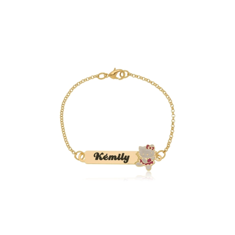 PULSEIRA COM NOME PERSONALIZADO E GATINHA - PL 173 BANHADO OURO 18K
