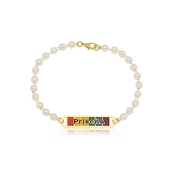 PULSEIRA EM PEROLA COM PLACA ARCO IRIS E NOME PERSONALIZADO - PL 190 BANHADO OURO 18K