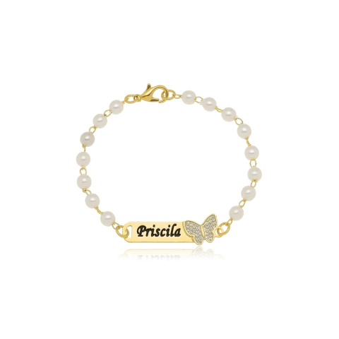 PULSEIRA COM PEROLAS E NOME PERSONALIZADO COM BORBOLETA EM RÓDIO - PL 192 BANHADO OURO 18K