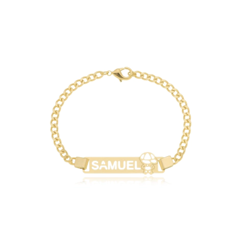 PULSEIRA COM NOME E BONECO VAZADO - PL 223 BANHADO OURO 18K