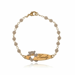 PULSEIRA INFANTIL CORAÇÃO VAZADO E URSINHO COM NOME PERSONALIZADO - PL 25 BANHADO OURO 18K