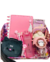 Conjunto de papelaria com itens de temática de gatinhos, incluindo caderno rosa, canetas, garrafinha e estojo.