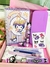 Imagem de um kit de papelaria com itens da personagem Kuromi, incluindo um caderno, estojo roxo, canetas e acessórios temáticos.