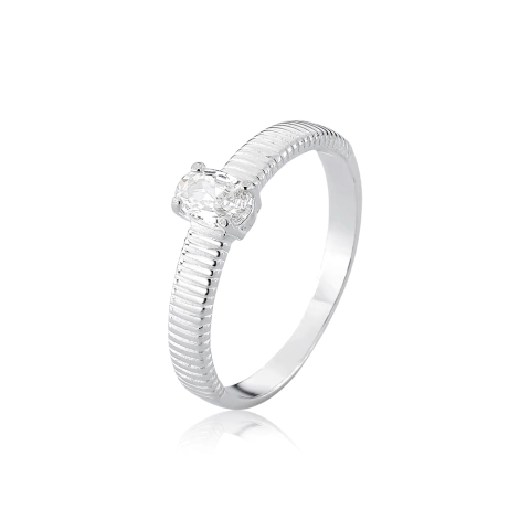 Anel Prata Solitário Oval 6mm Aro Trabalhado Riscos - Ref. 13520