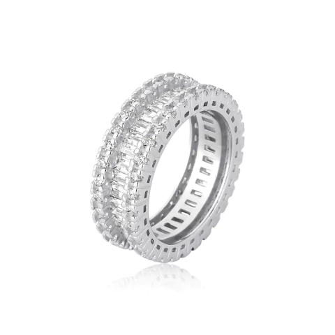 Anel Prata com Ródio Largo Inteiro Cravejado com Zircônias - comprar online