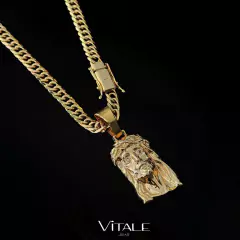 Corrente Grumet Dupla 8mm e Pingente Face de Cristo Banhado a Ouro 18k | Marcação 750